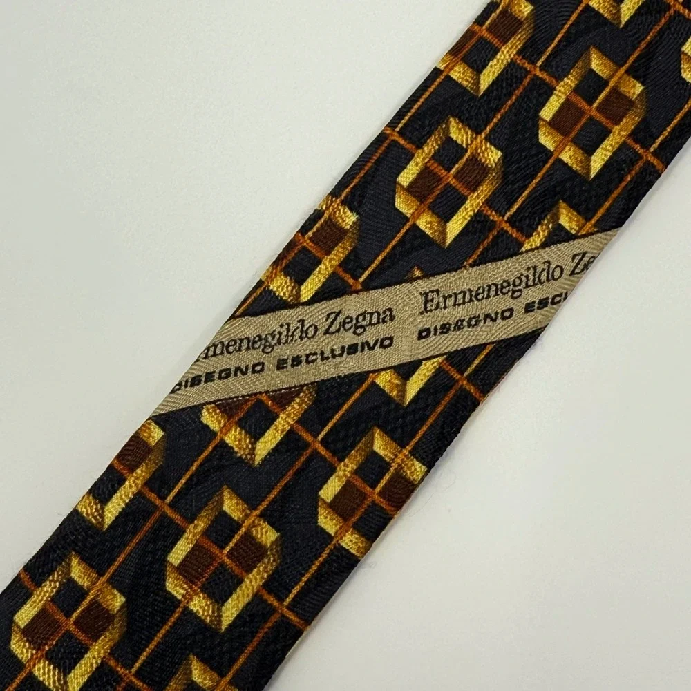 Ermenegildo Zegna Necktie Silk Black Gold‎ Geometric Box Pattern Men's